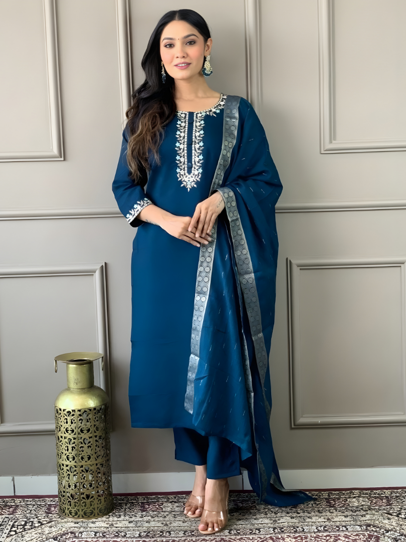 Petrol Blue Rayon Suit with Silver Zari Border Dupatta thumbnail 4