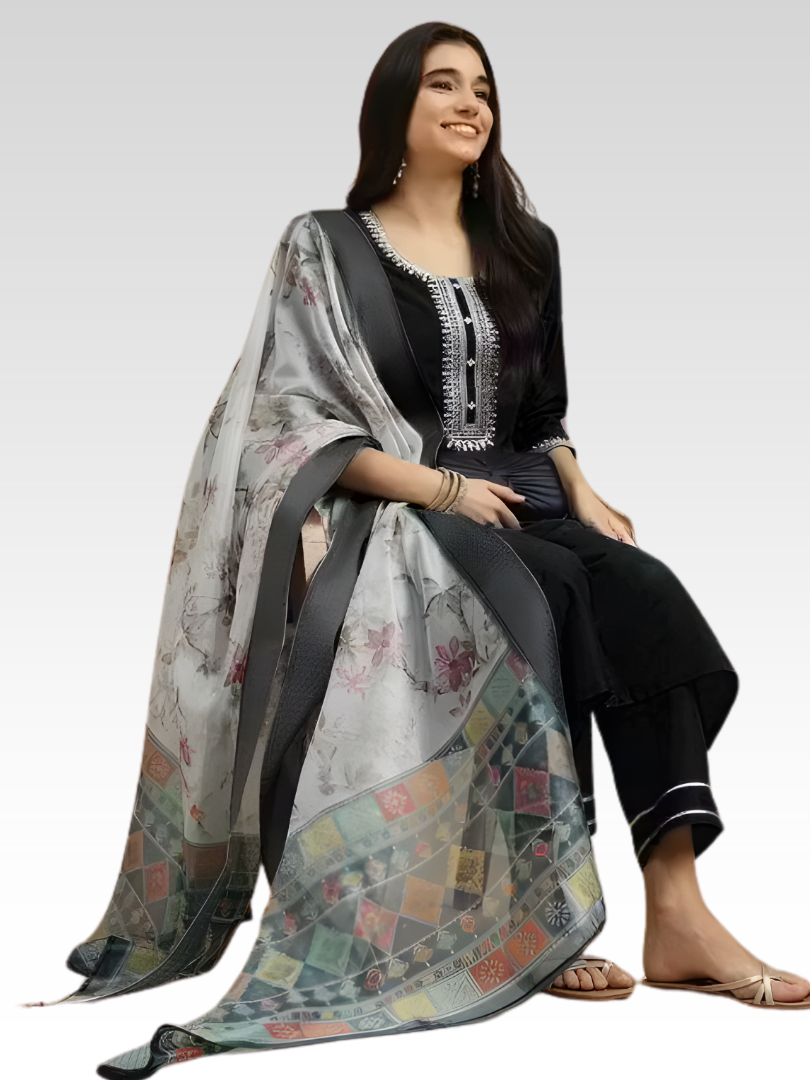 Timeless Black Rayon Suit with Geometric Border Dupatta thumbnail 2