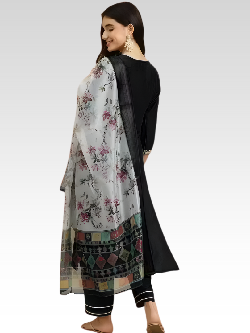 Timeless Black Rayon Suit with Geometric Border Dupatta thumbnail 3