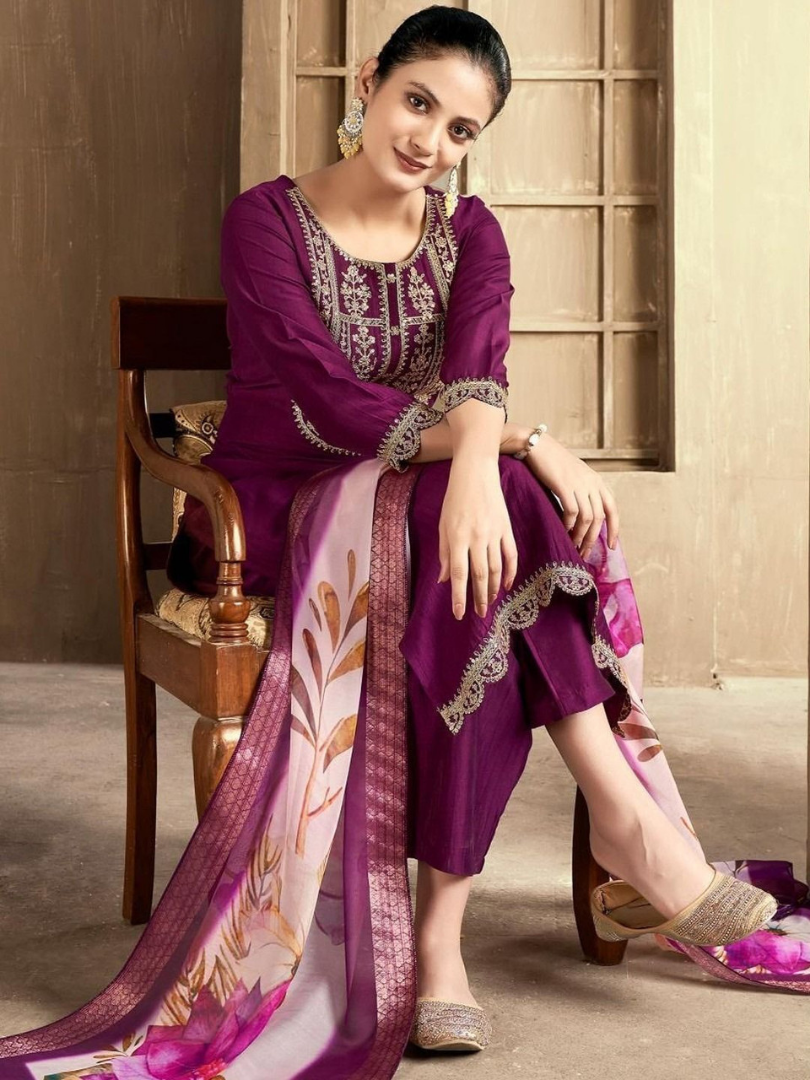 Plum Purple Kurti Set with Lace Detail & Floral Dupatta thumbnail 2