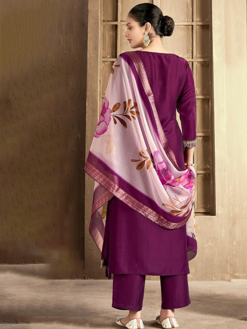 Plum Purple Kurti Set with Lace Detail & Floral Dupatta thumbnail 3