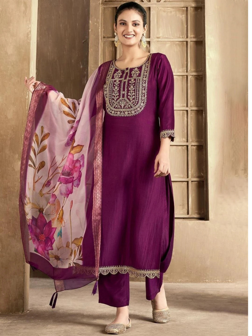 Plum Purple Kurti Set with Lace Detail & Floral Dupatta thumbnail 4