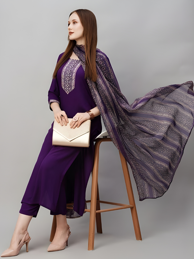 Modern Violet Rayon Suit with Geometric Print Dupatta thumbnail 3