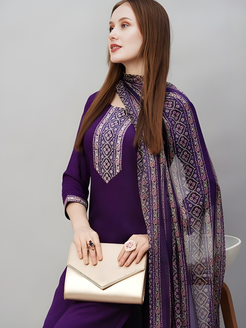 Modern Violet Rayon Suit with Geometric Print Dupatta thumbnail 5