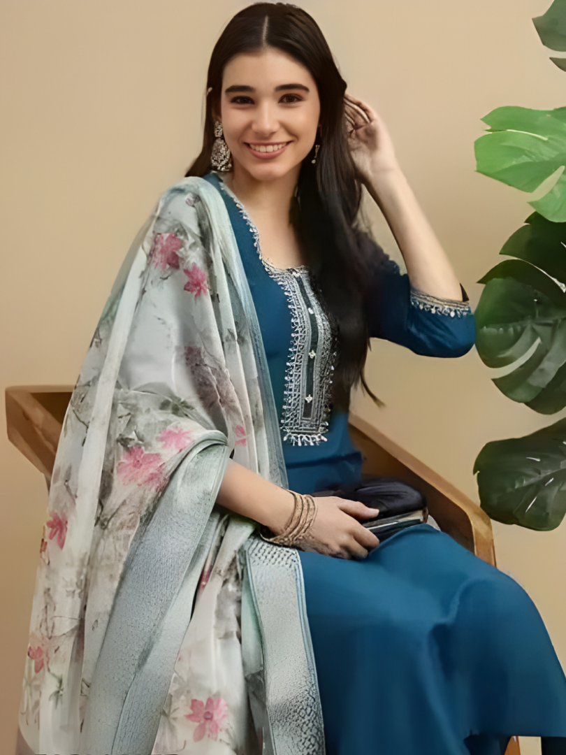 Peacock Blue Kurti Set with Floral White Dupatta thumbnail 2