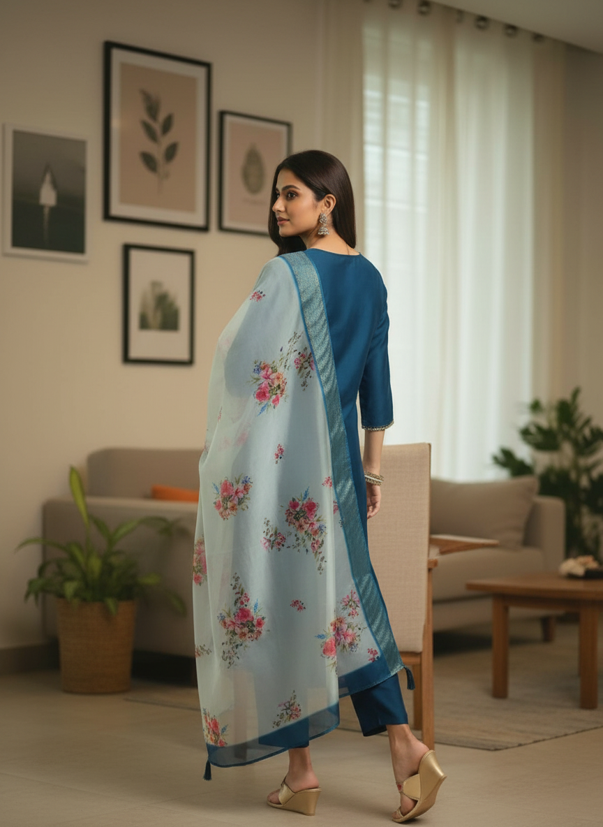 Peacock Blue Rayon Suit with White Floral Dupatta thumbnail 3