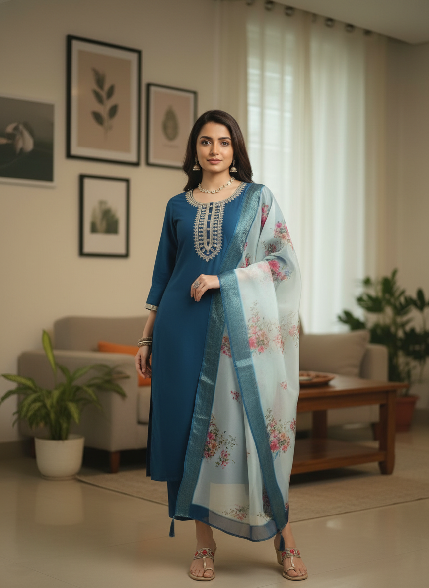 Peacock Blue Rayon Suit with White Floral Dupatta thumbnail 4