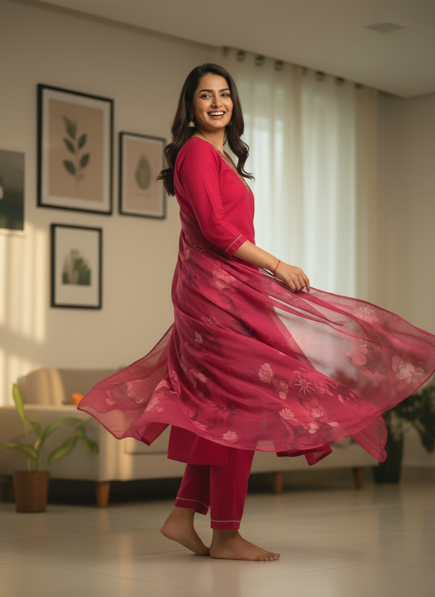 Ruby Pink Rayon Kurti Set with V-Neck Embroidery thumbnail 2