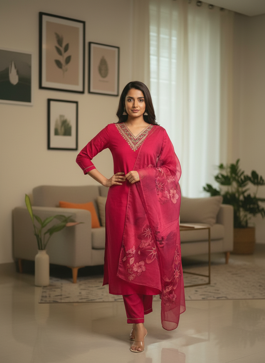 Ruby Pink Rayon Kurti Set with V-Neck Embroidery thumbnail 3