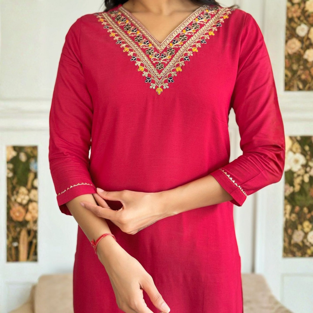 Ruby Pink Rayon Kurti Set with V-Neck Embroidery thumbnail 5