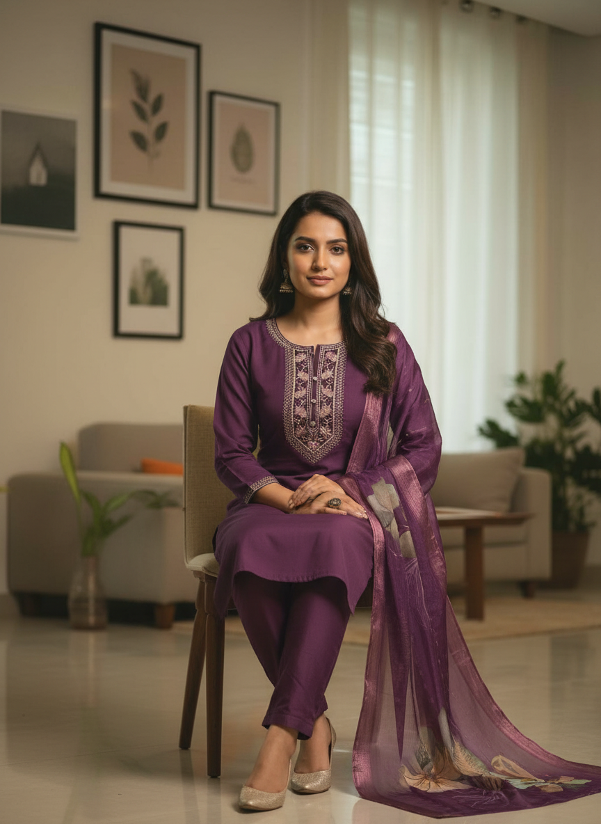 Deep Eggplant Purple Suit with Traditional Zari Work thumbnail 2