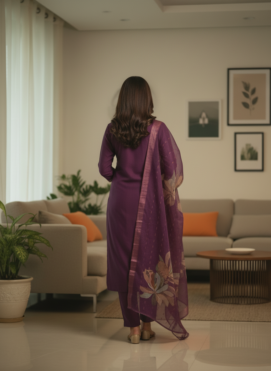 Deep Eggplant Purple Suit with Traditional Zari Work thumbnail 3