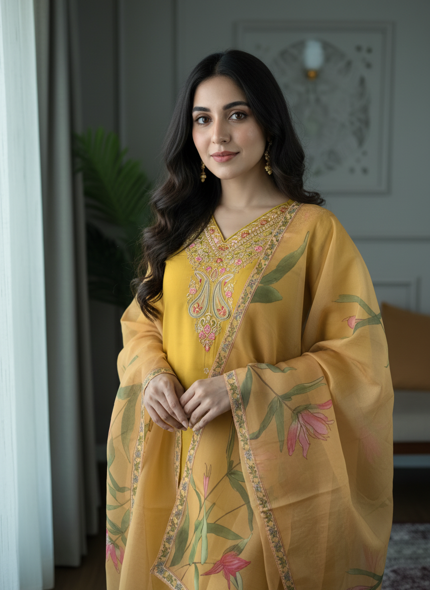 Sunshine Yellow Rayon Set with Large Floral Print Dupatta thumbnail 2