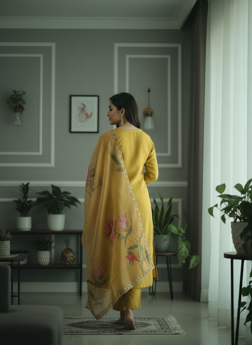 Sunshine Yellow Rayon Set with Large Floral Print Dupatta thumbnail 5