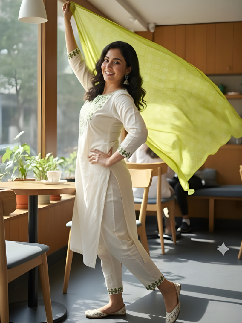 Cream & Lime Green Rayon Suit with Geometric Patterns thumbnail 2