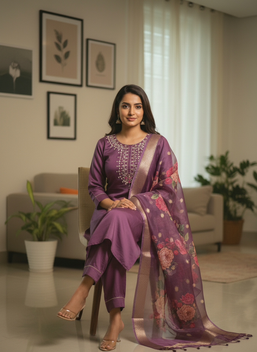 Radiant Purple Kurti Set with Cascading Floral Dupatta thumbnail 4