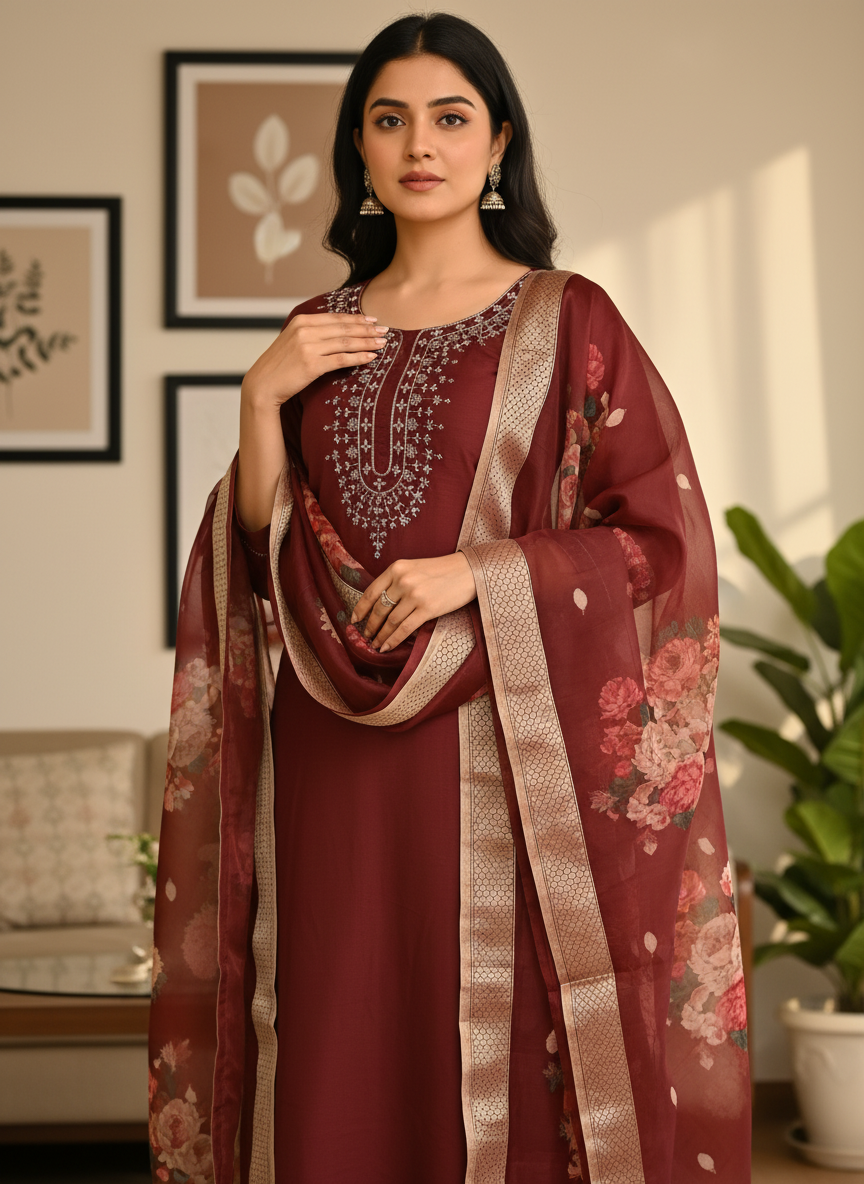 Wine Red Rayon Slub Ensemble with Floral Digital Print thumbnail 3