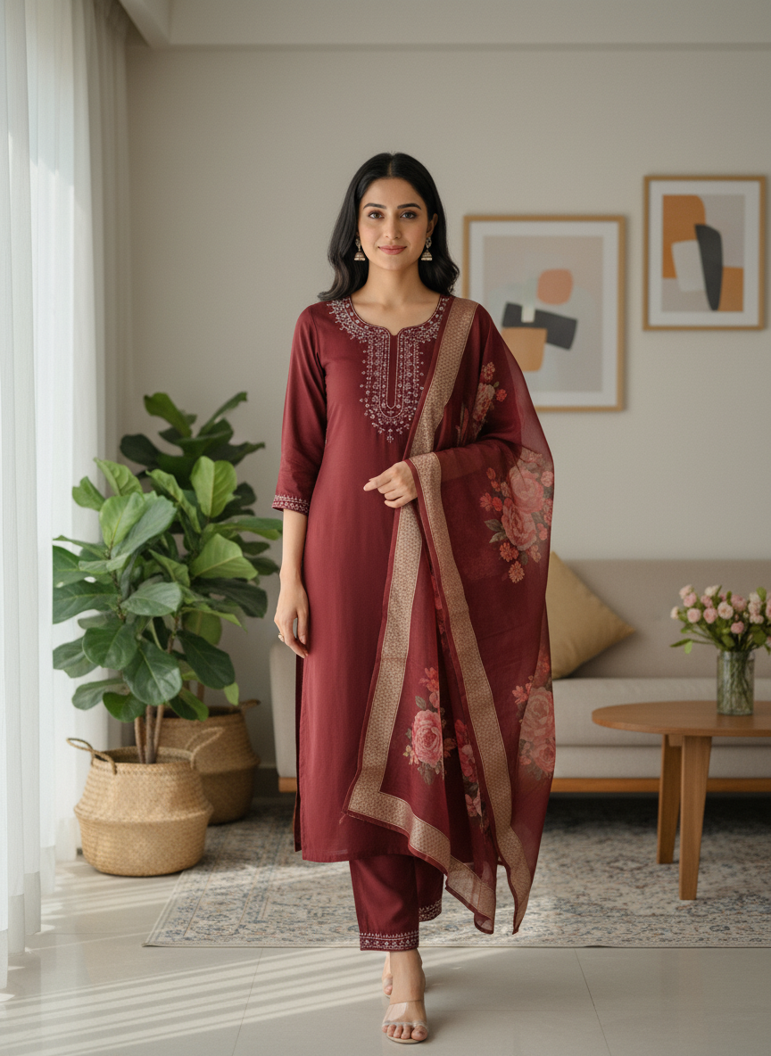 Wine Red Rayon Slub Ensemble with Floral Digital Print thumbnail 4